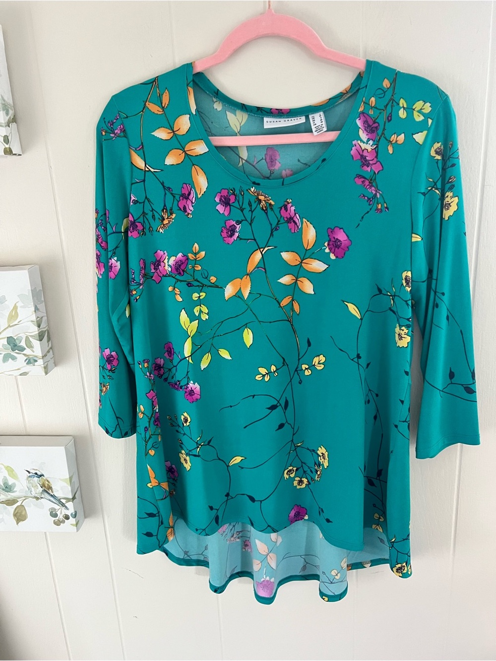 Size small by Susan Graver Teal Floral Scoop Neck Hi-low top